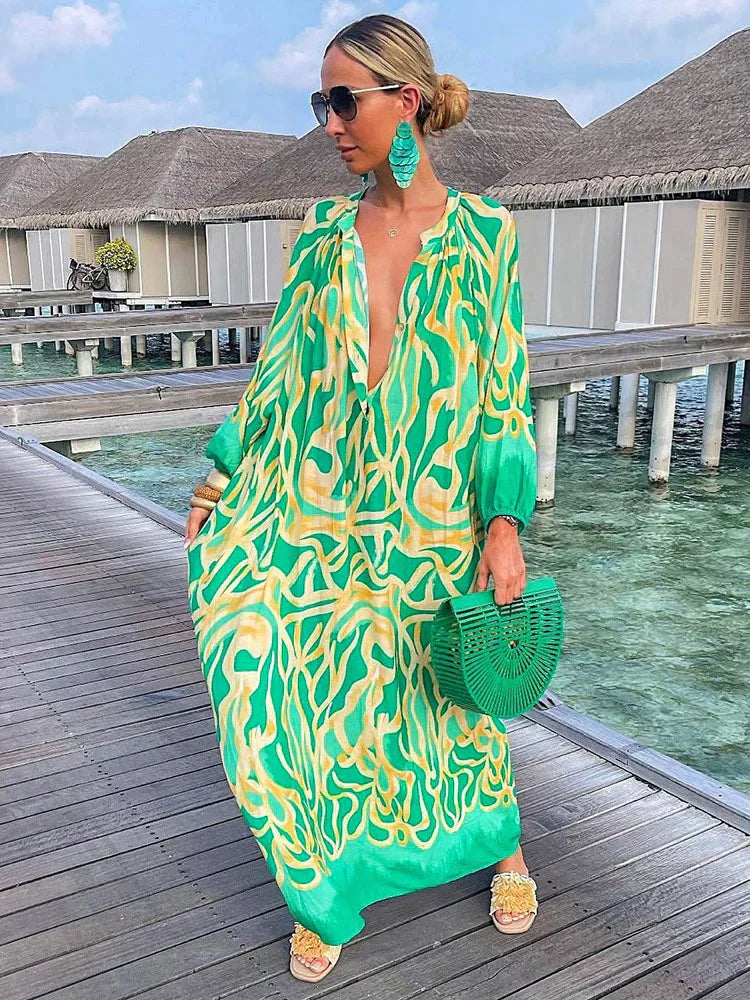 Levoire | Robe Maxi À Manches Longues Bohème Vert