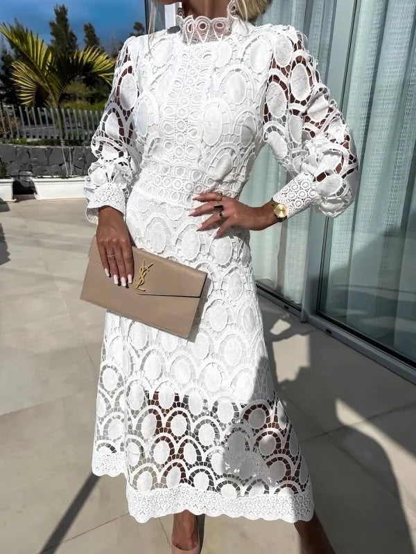 Levoire | Robe Maxi À Col Montant En Dentelle Avec Manches Bouffantes Blanc