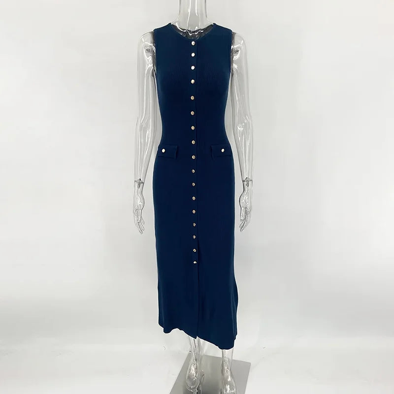 Levoire | Robe Ticotée Elégante Sans Manches Avec Patte De Boutonnage