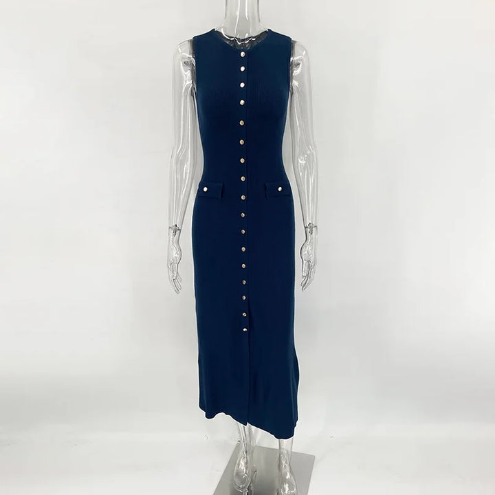 Levoire | Robe Ticotée Elégante Sans Manches Avec Patte De Boutonnage