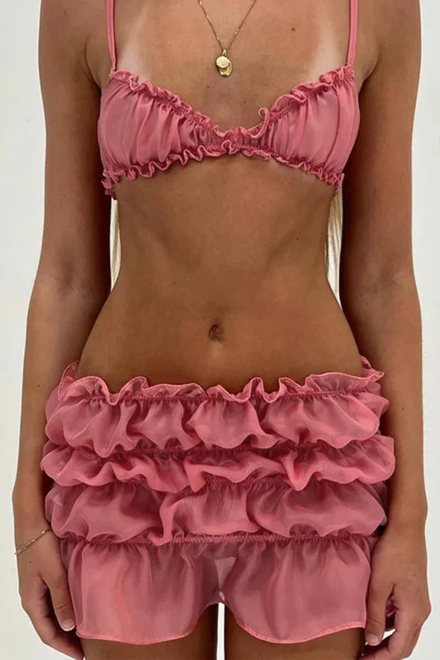 Levoire | Volant Plage Ruché Cordon Jupe Crop Top Ensemble Rosa