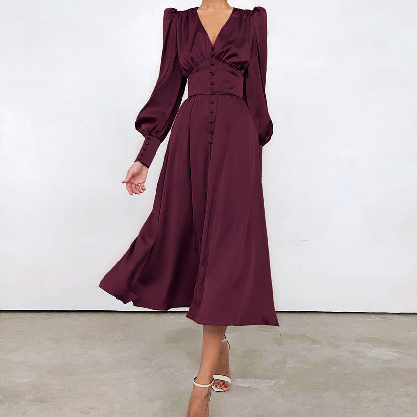 Levoire | Robe Satin Rétro Avec Boutonnage Pour Femmes Bordeaux