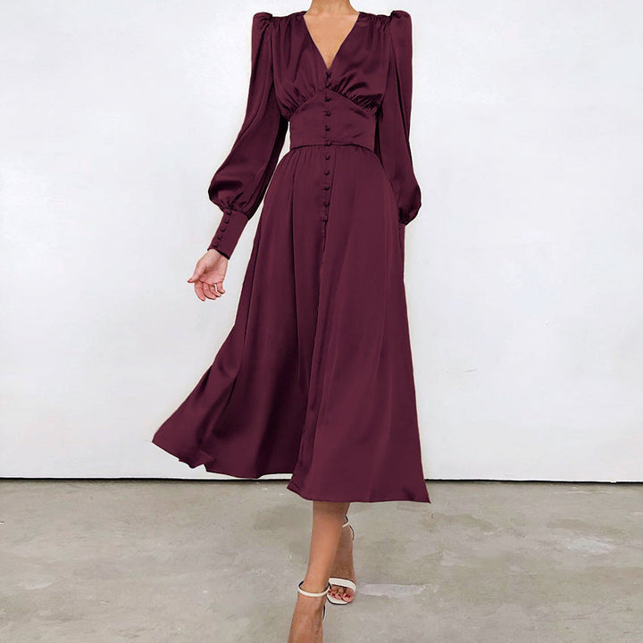 Levoire | Robe Satin Rétro Avec Boutonnage Pour Femmes Bordeaux