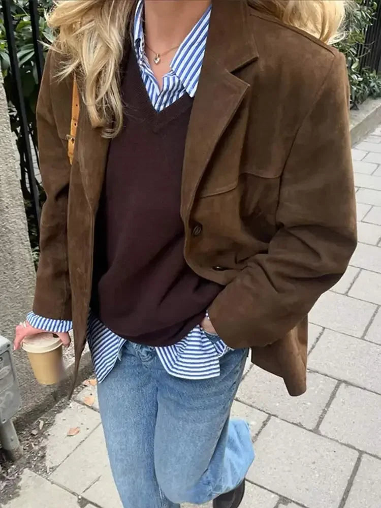 Levoire | Veste Réversible Marron Pour Femmes, Mode Artistique Rétro, Avec Poches