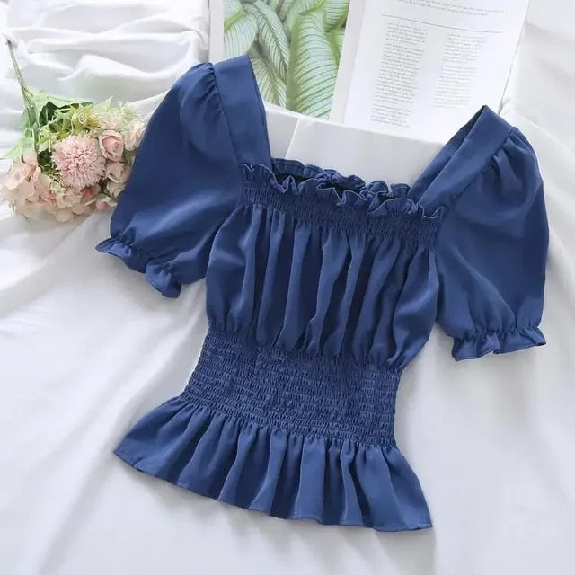 Levoire | Haut En Chiffon Court À Manches Bouffantes Bleu