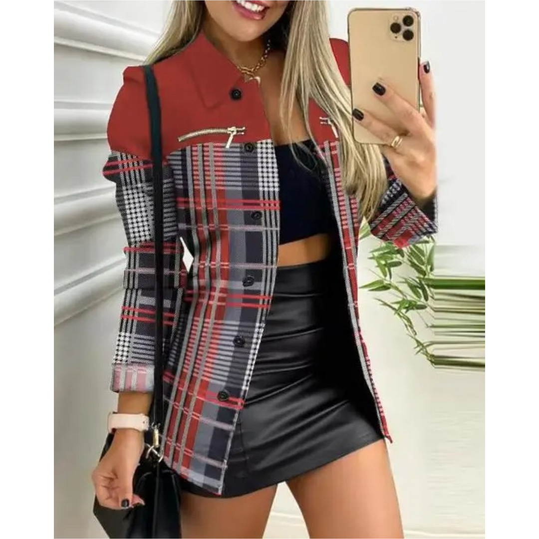 Levoire | Veste D'Été Longue À Boutons Avec Revers Imprimé Gris-rouge