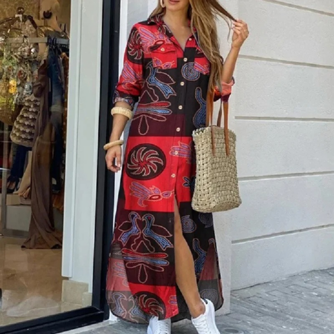 Levoire | Robe Chemise Longue À Carreaux Avec Patte De Boutonnage Pour Femmes Rouge et Noir