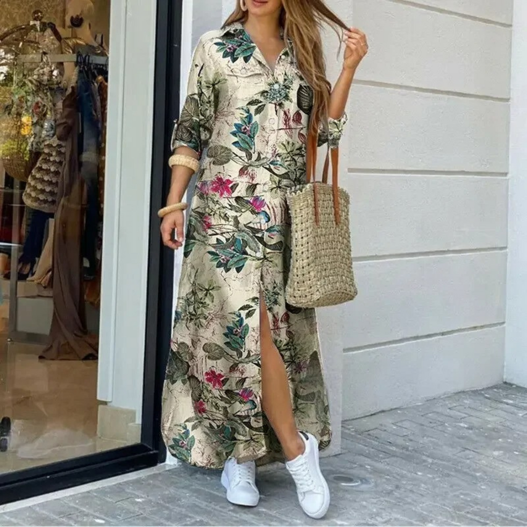 Levoire | Robe Chemise Longue À Carreaux Avec Patte De Boutonnage Pour Femmes Vert et marron