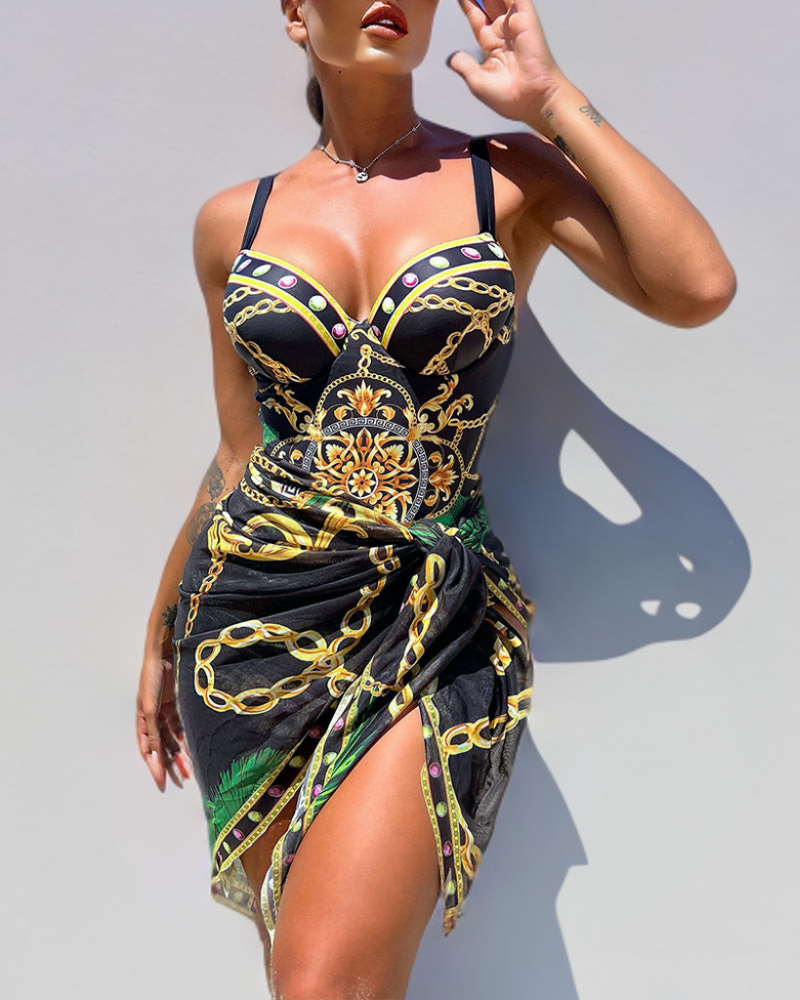 Levoire | Maillot De Bain Push-Up Une Pièce Avec Détails De Chaîne Décoratifs Et Jupe De Plage Noir