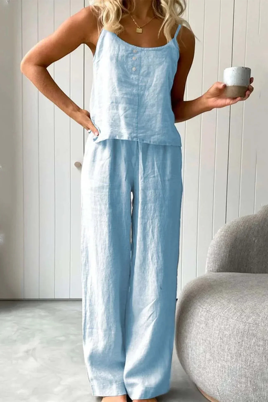 Levoire | Ensemble Deux Pièces Confortable Avec Bretelles Spaghetti Pour Femmes Bleu clair