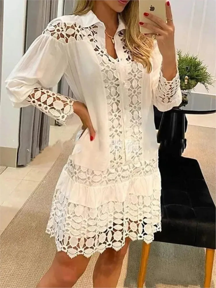 Levoire | Robe En Dentelle Élégante À Manches Longues Pour Femmes Blanc