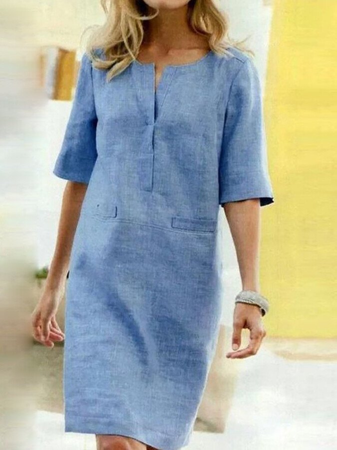 Levoire | Coton Lin Robe À Manches Courtes Bleu ciel
