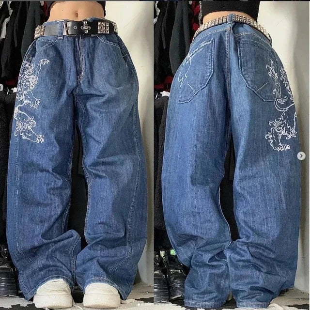 Levoire | Unisex Retro Baggy Cargo Jeans Bleu avec impression