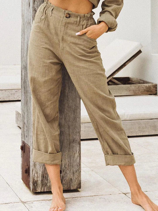 Levoire | Pantalon Enlin Avec Ourlet Retroussé - Confort & Tendance Khaki