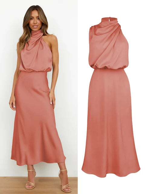 Levoire | Robe Maxi Satin Élégante Pêche