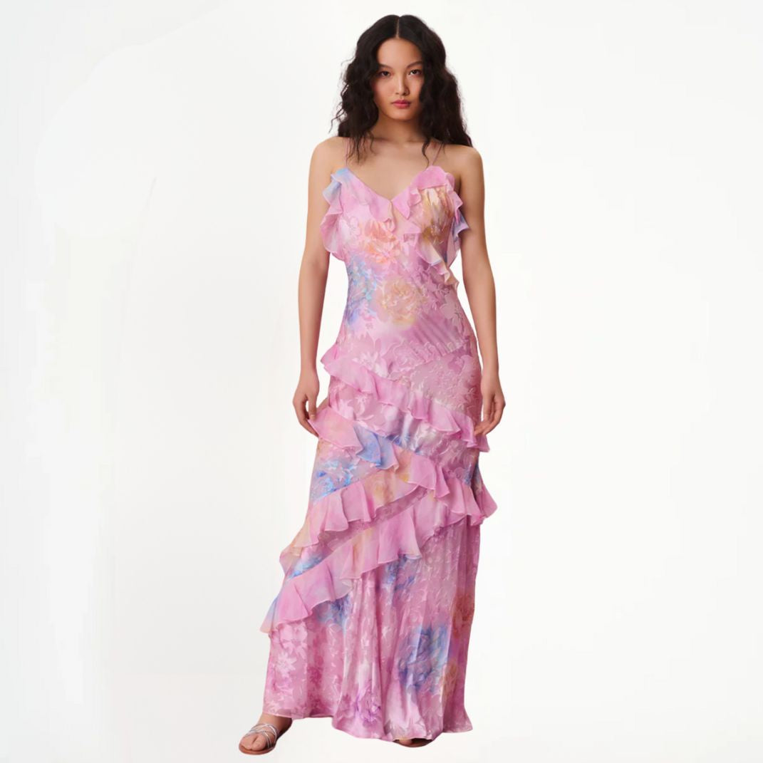 Levoire | Robe À Fleurs Pour Femmes Avec Volants Et Décolleté En V Rosa