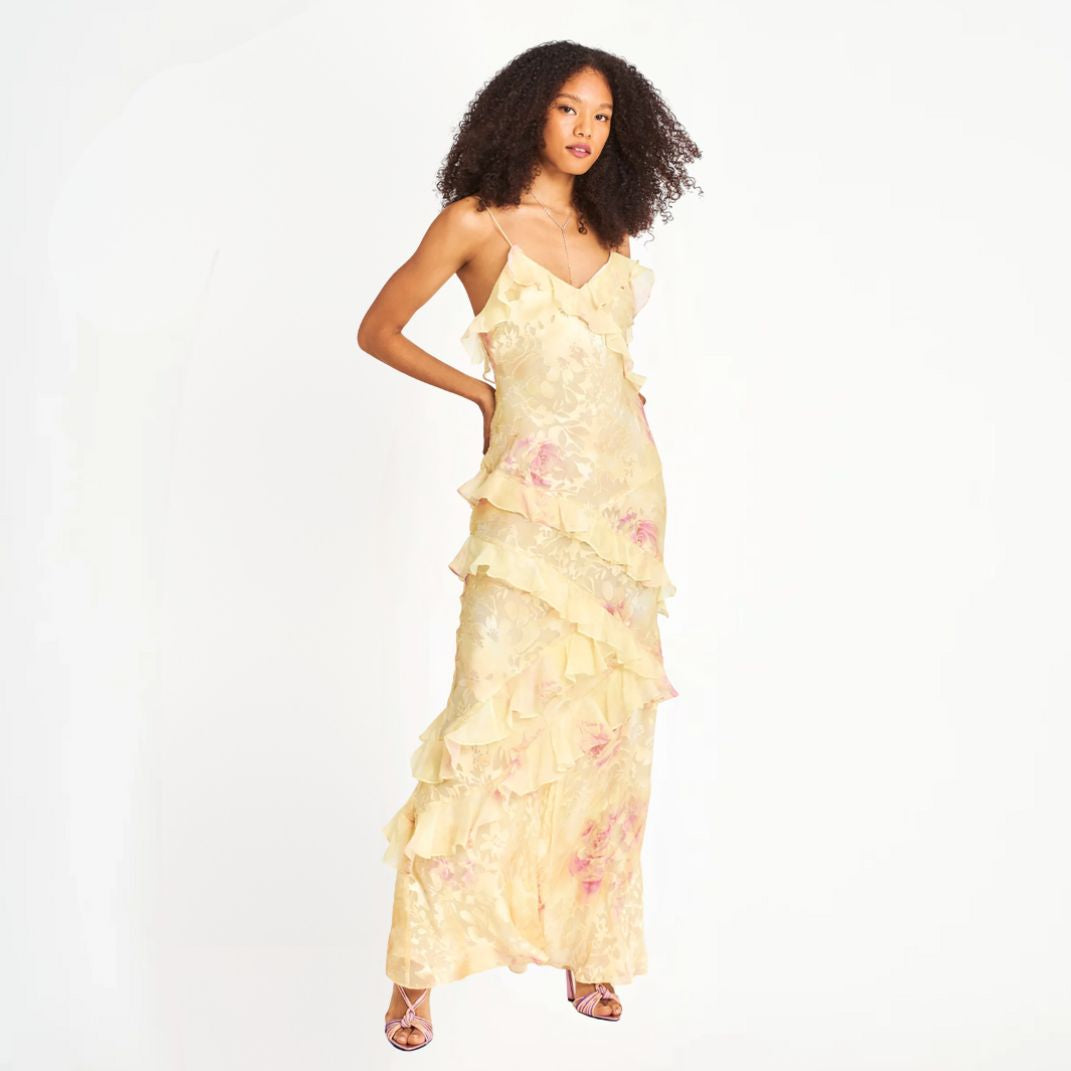 Levoire | Robe À Fleurs Pour Femmes Avec Volants Et Décolleté En V Jaune