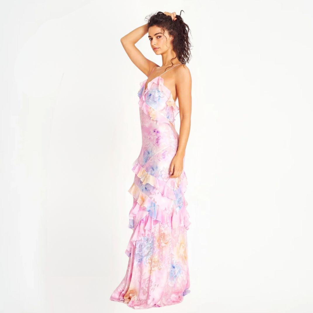 Levoire | Robe À Fleurs Pour Femmes Avec Volants Et Décolleté En V