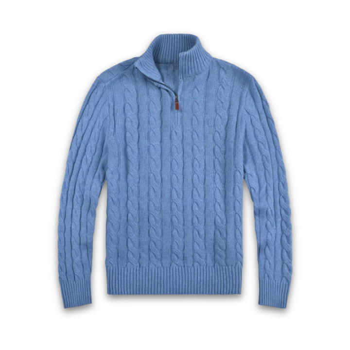 Levoire | Demi-Zip Tricot À Cable Pull À Manches Longues Avec Zip Quater Pour Hommes Bleu