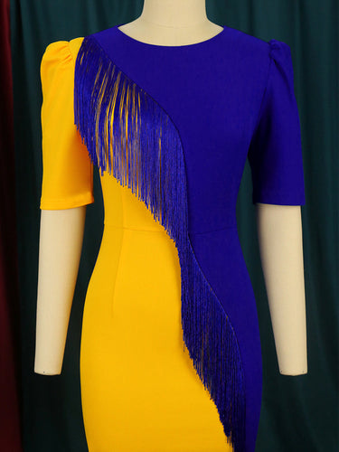 Levoire | Jaune Bleu Robe À Manches Courtes Pompom
