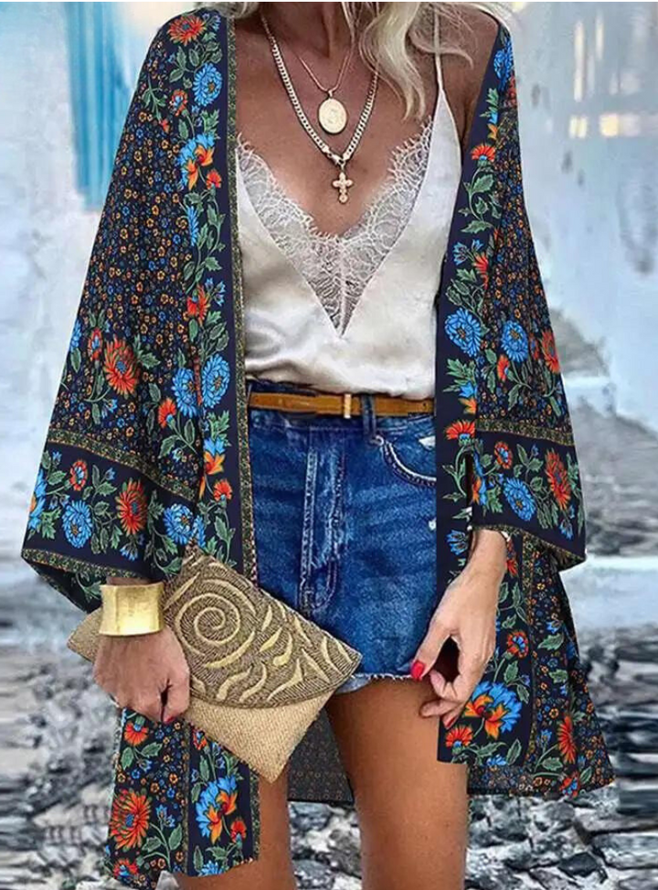 Levoire | Veste En Tricot D'Été Pour Femmes Au Style Bohème Avec Un Motif Floral Coloré Bleu