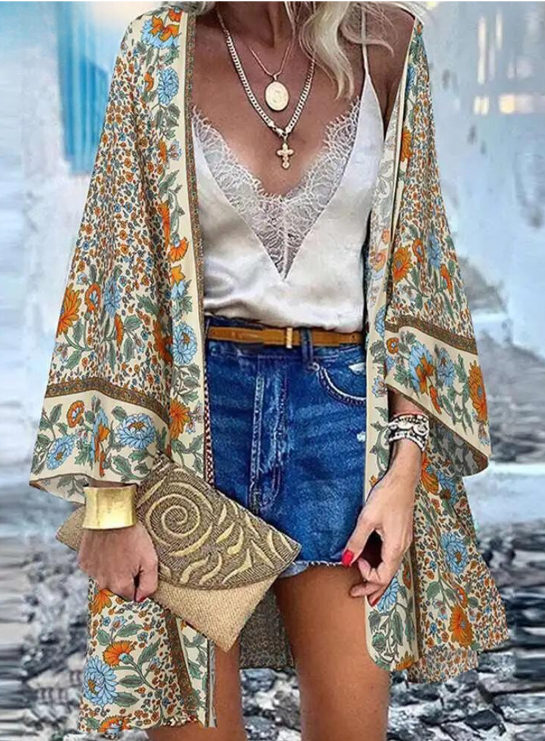 Levoire | Veste En Tricot D'Été Pour Femmes Au Style Bohème Avec Un Motif Floral Coloré Beige