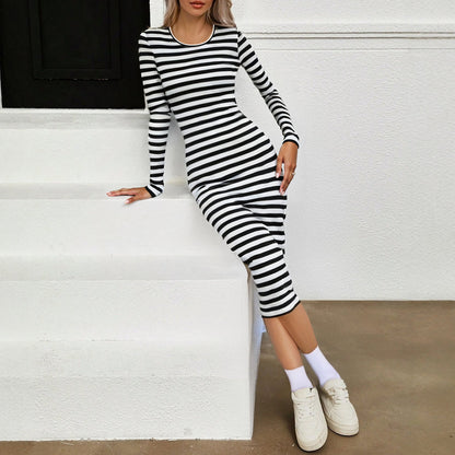 Levoire | Robe Midi Rayée À Manches Longues Noir-blanc