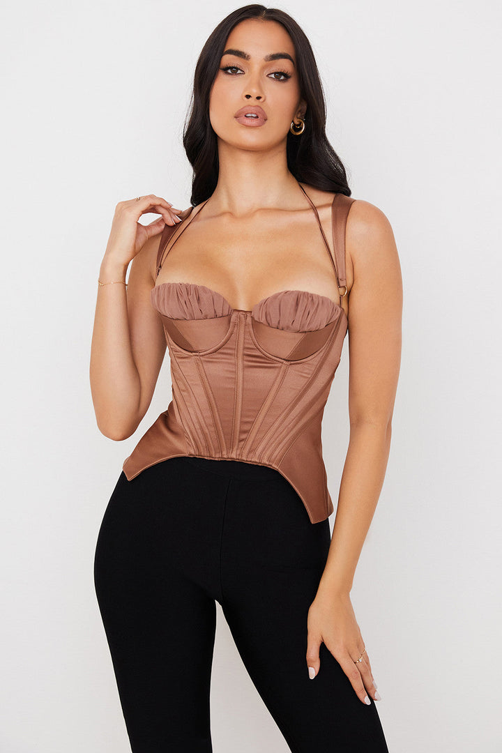 Levoire | Toffee Satin Stoff Corset Avec Peplum