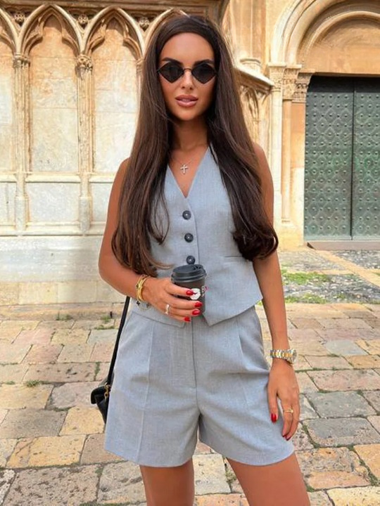 Levoire | Veste Sans Manches À Une Rangée Continue Décolleté En V Et Pantalon À Taille Haute Costume gris