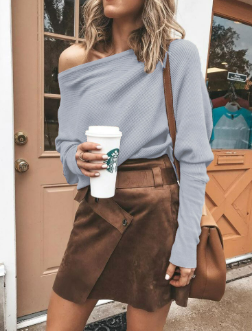 Levoire | Une Épaule Dolman Manches Chauve-Souris Tricoté Vêtements Pour Femmes Gris