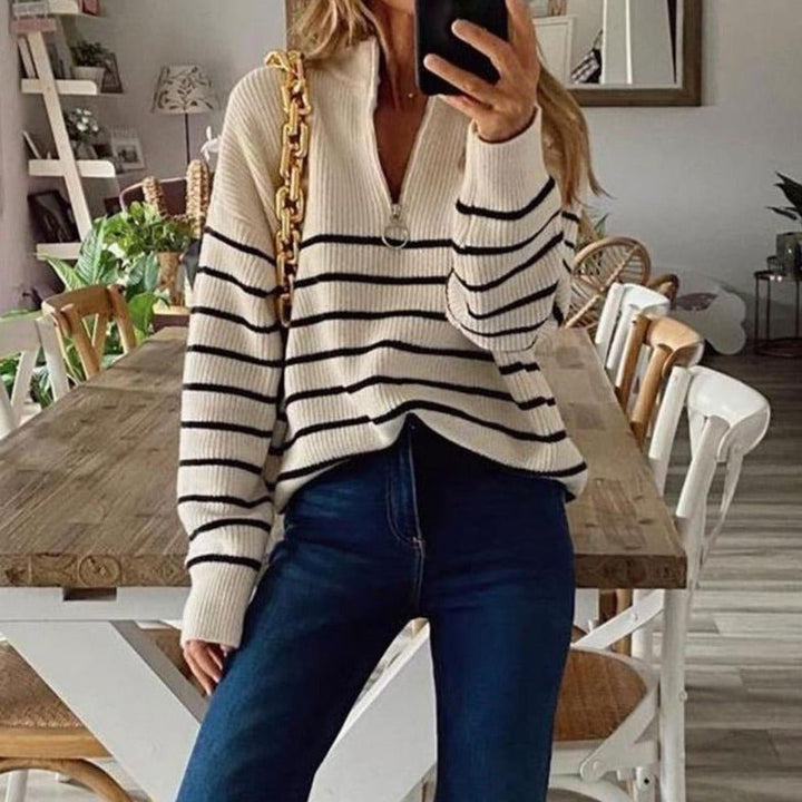 Levoire | Demi-Zip Rayé Vêtements En Tricot Pour Femmes Beige