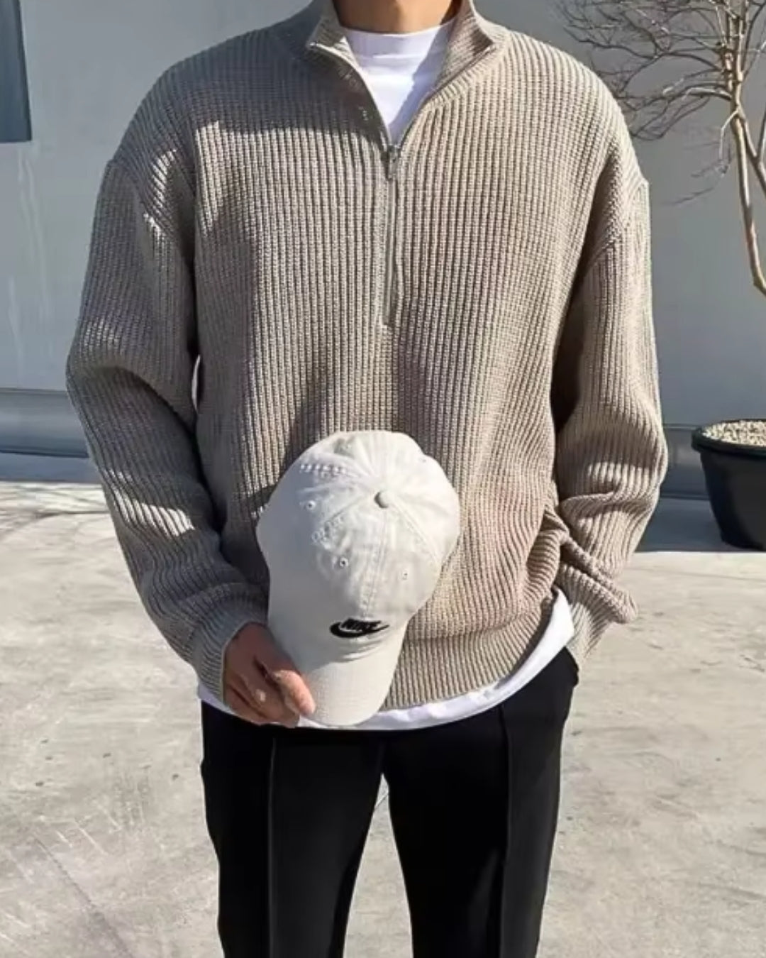 Levoire | Zip Demi Chaud Tricoté Avec Zip Demi Pour Hommes Beige