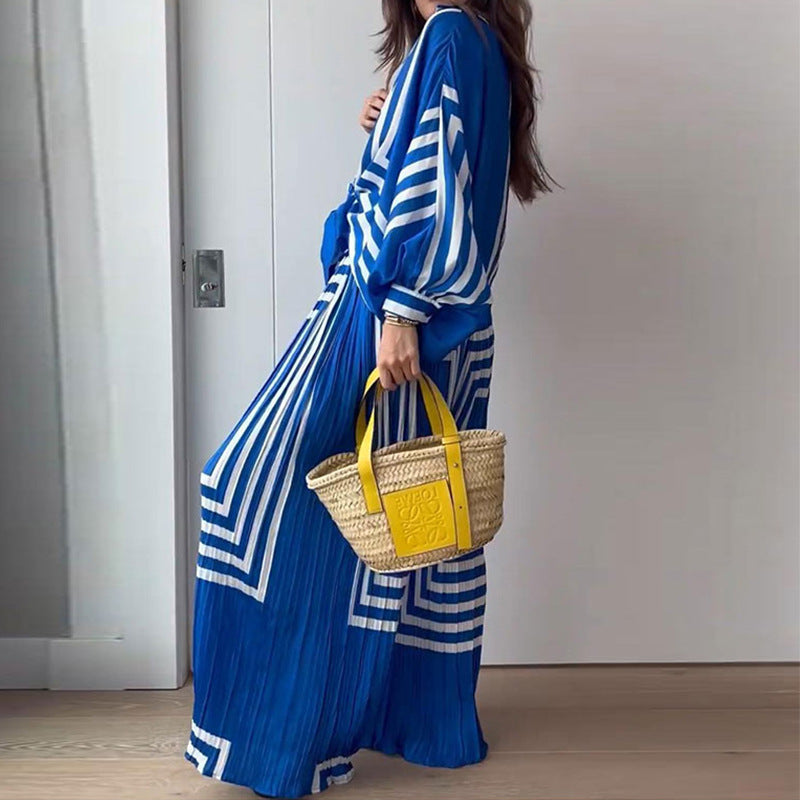 Levoire | Ensemble Bleu Manches Longues Pantalon À Jambes Larges Et Top Ensemble Femme