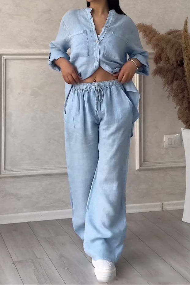 Levoire | Boutonné Pantalon Large Jambes Vêtements En Lin Vêtements Pour Femmes Bleu clair