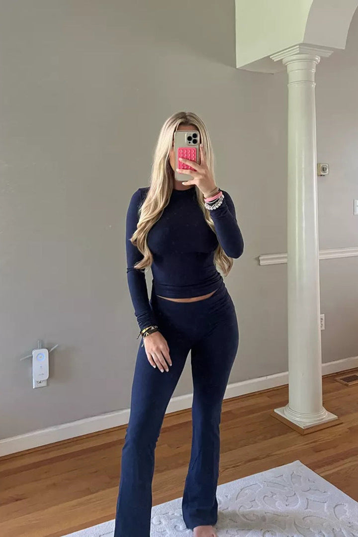 Levoire | T-Shirt Élastique Et Pantalon Large Évasé Pour Dames Ensemble Lounge Bleu foncé (manches longues)