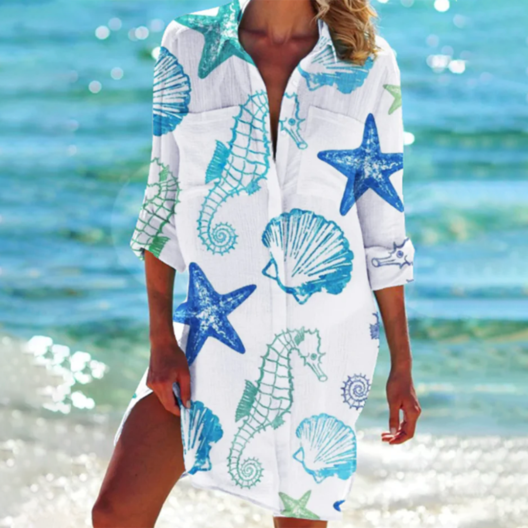 Levoire | Boho Robe Courte Tissu Léger Aéré Encolure En V Vêtements Décontractés Cheval de mer bleu