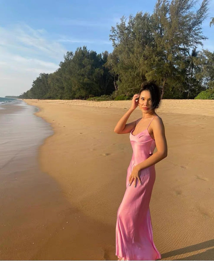 Levoire | Satin Sans Épaules Dos U Fente Midi Robe