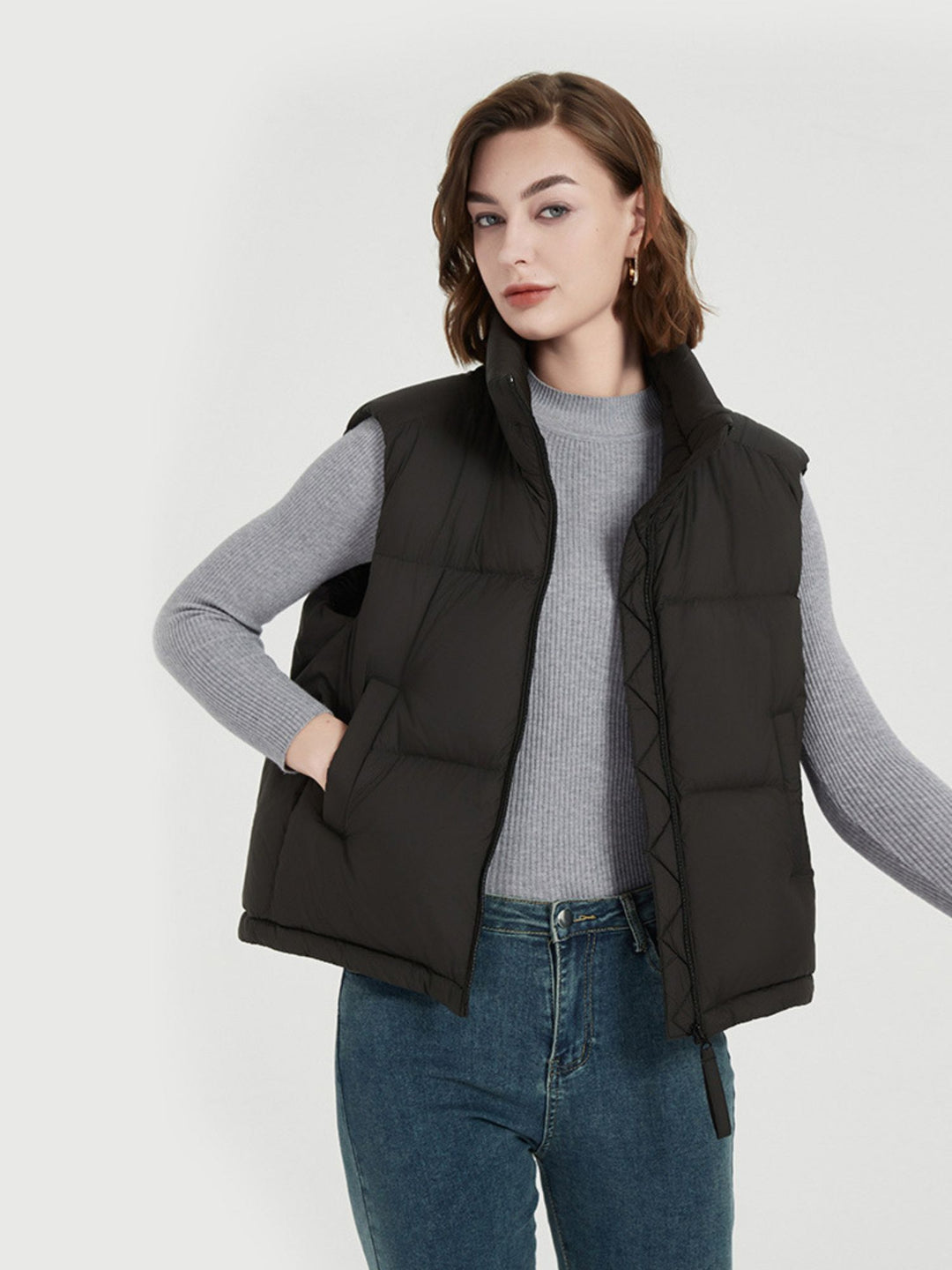 Gilet Matelassé en Duvet avec Col Montant Noir