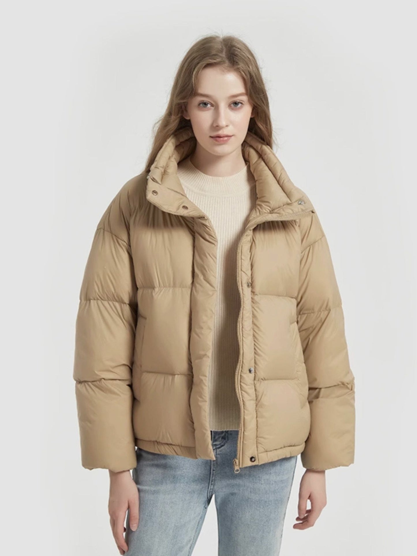 Doudoune Matelassée Réversible en Duvet avec Col Montant Kaki