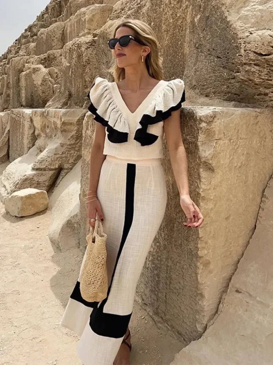 Levoire | Robe Midi Élégante En Patchwork Avec Volants Et Taille Haute