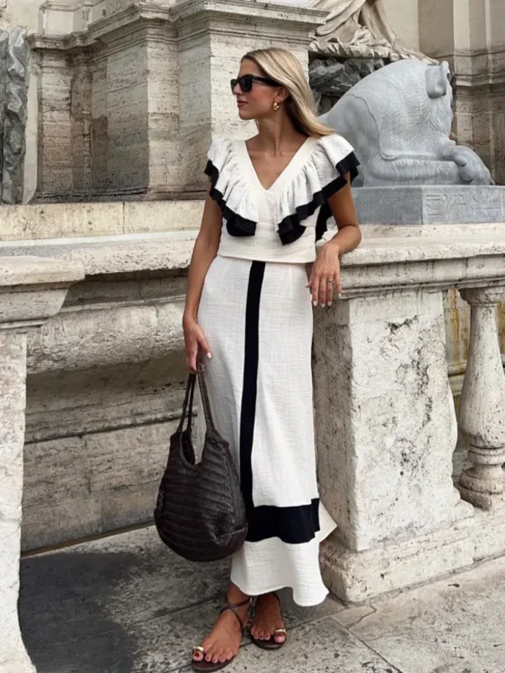 Levoire | Robe Midi Élégante En Patchwork Avec Volants Et Taille Haute