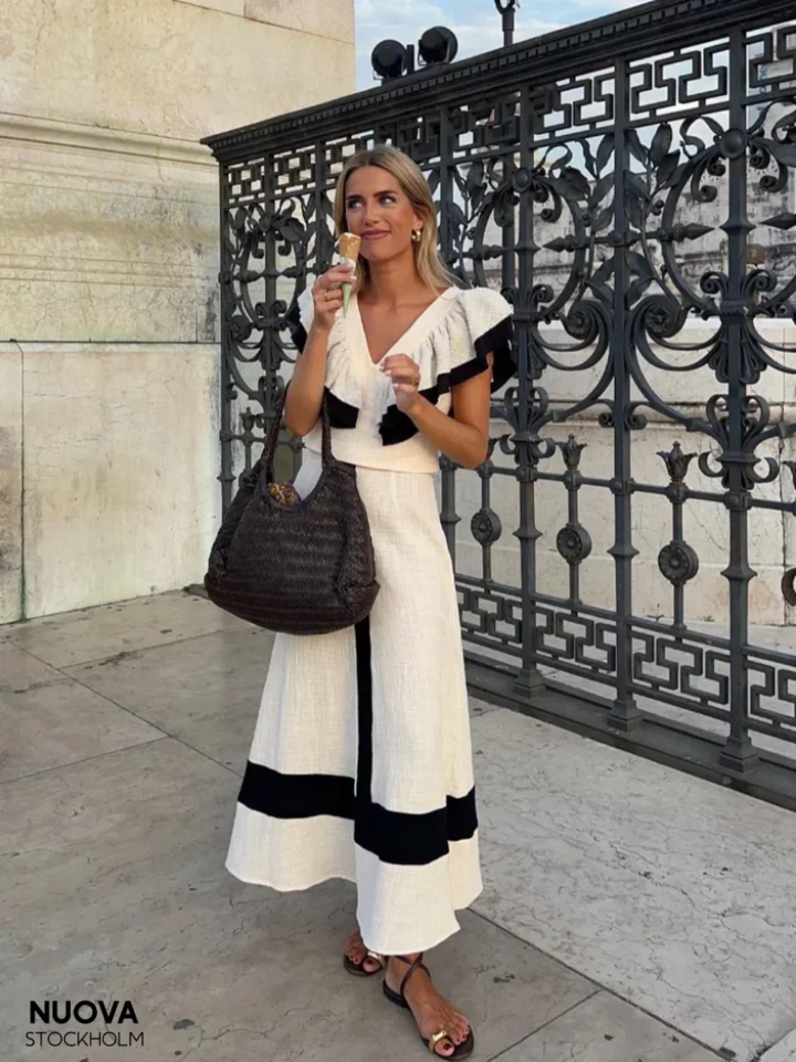 Levoire | Robe Midi Élégante En Patchwork Avec Volants Et Taille Haute