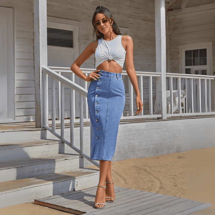 Levoire | Midi Aus Denim Anka Avec Taille Haute Bleu