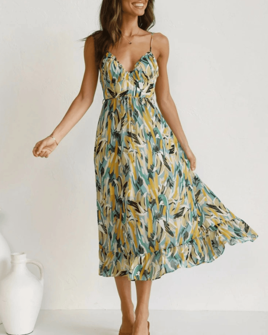 Levoire | Robe Midi Pour Femmes À Motif Floral, Élégant & Léger Vert