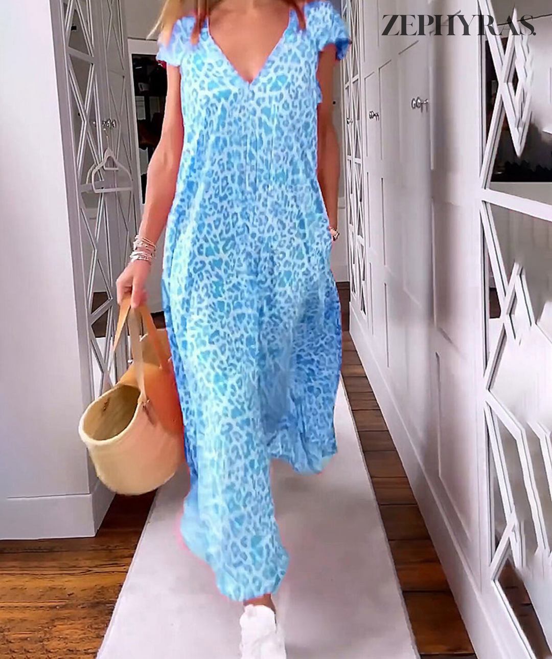 Levoire | Robe D'Été À Décolleté En V Avec Design Imprimé Bleu