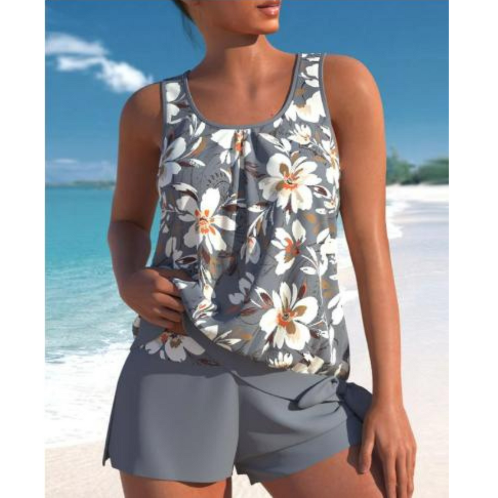 Levoire | Tankini À Deux Couleurs Avec Imprimé Floral Pour Femmes Gris 1