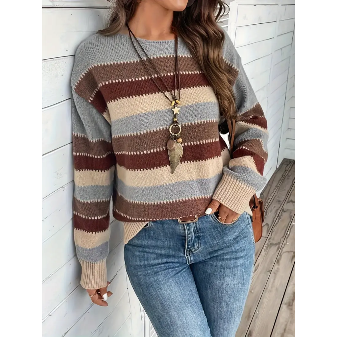 Levoire | Pull Femme Rayé Chaud À Col Rond Gris