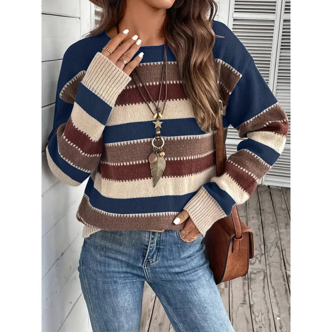 Levoire | Pull Femme Rayé Chaud À Col Rond Bleu