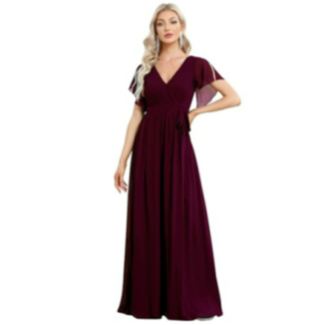 Levoire | Robe D'Invite De Mariage À Col En V Et Ligne A - Maxi Vin Rouge