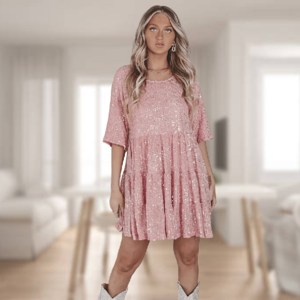 Levoire | Élégante Robe À Manches Courtes Et Paillettes Rosa